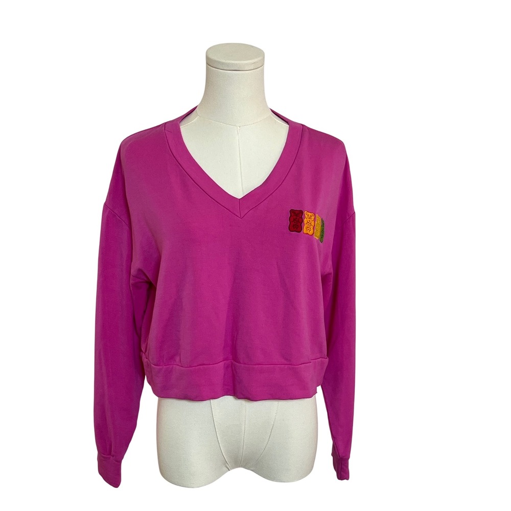 Haribo Gummy Bears Cropped‎ V-Neck Sweatshirt Pullover Top Pink Fun M